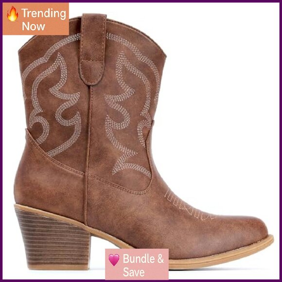 Women's Wide Suede Ankle Western Boots Mid Calf Pointed Toe Chunky - Picture 7 of 8